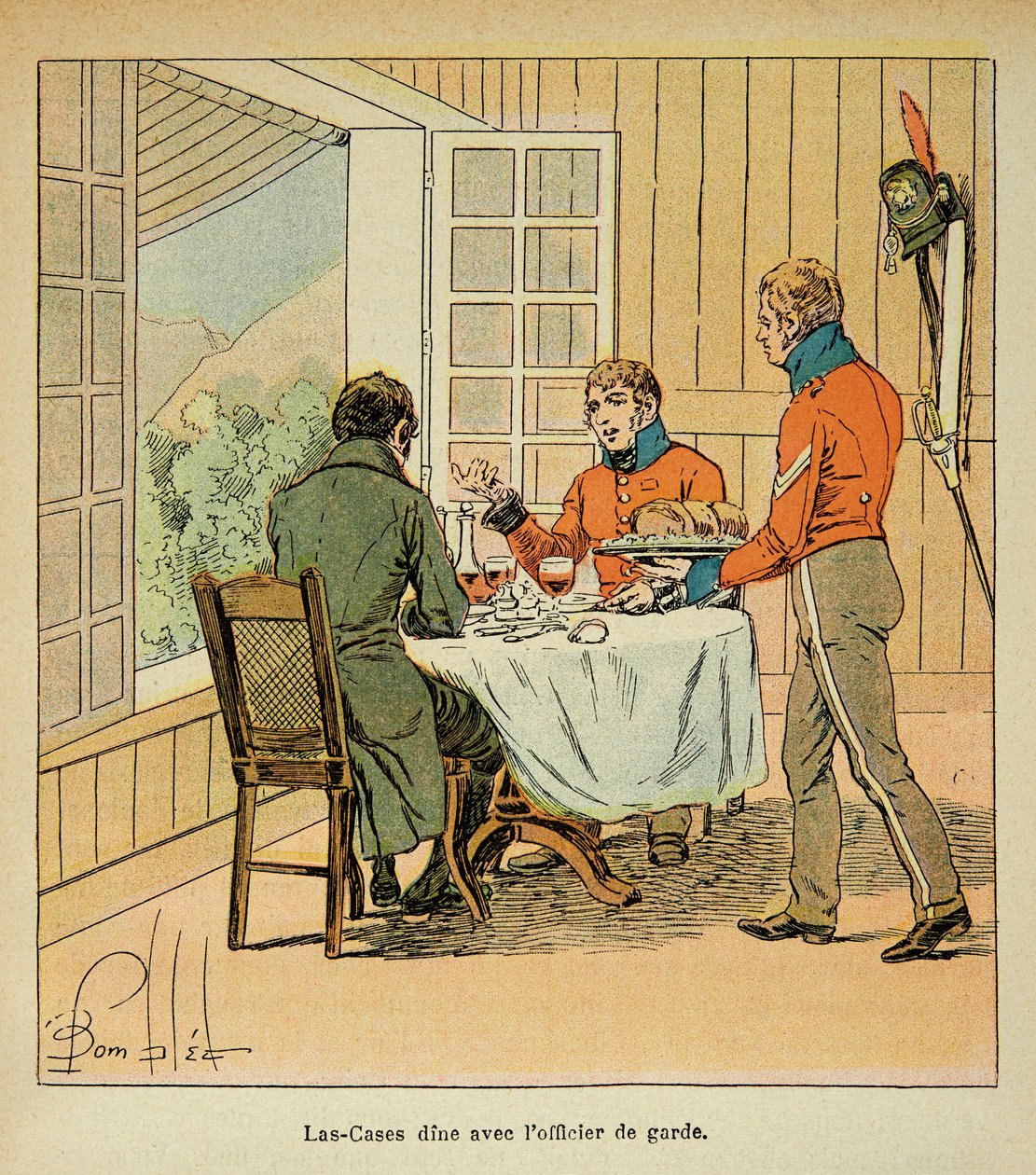 Bombled Louis（1862-1927）的插图，出自Emmanuel de Las Cases伯爵（1766-1842）的《圣赫勒拿的纪念》一书。拉斯-库斯与警卫官之间的晚餐，私人收藏 作者 路易斯·查尔斯·邦布尔
