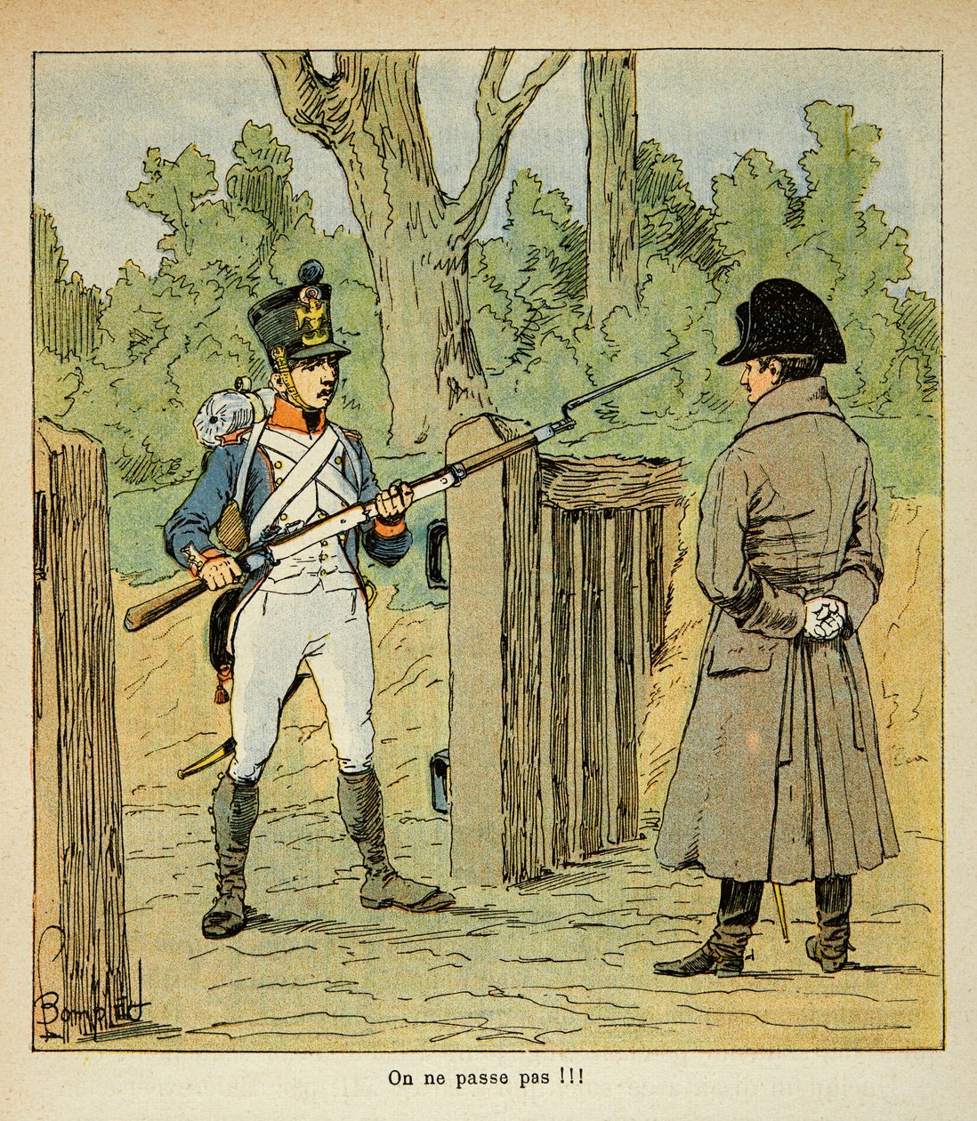 由Bombled Louis（1862-1927）绘制的插图，出自Emmanuel de Las Cases伯爵（1766-1842）的《圣赫勒拿纪念》一书。拿破仑在战斗前夕视察某些岗位时被卫兵拦住，私人收藏品 作者 路易斯·查尔斯·邦布尔