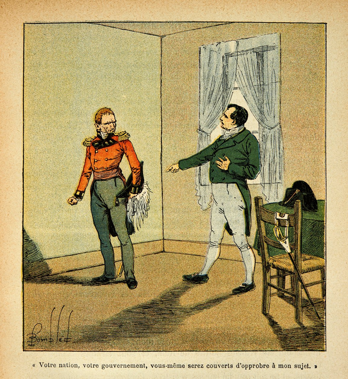 由Bombled Louis（1862-1927）绘制的插图，出自Emmanuel de Las Cases伯爵（1766-1842）的《圣赫勒拿纪念》一书。拿破仑皇帝指责总督哈德逊-洛（1769-1844）对他的行为，收藏部分 作者 路易斯·查尔斯·邦布尔