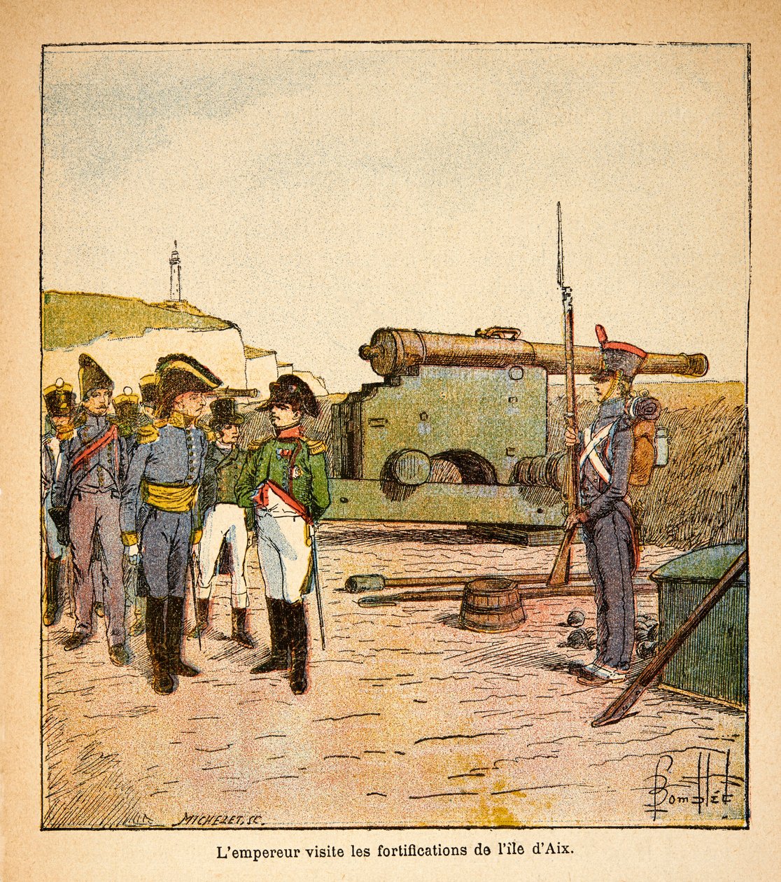 由Bombled Louis（1862-1927）绘制的插图，出自Emmanuel de Las Cases伯爵（1766-1842）的《圣赫勒拿纪念》一书。拿破仑皇帝退位后参观艾克斯岛的防御工事，私人收藏 作者 路易斯·查尔斯·邦布尔