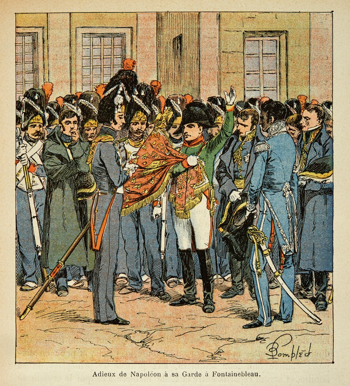 由Bombled Louis（1862-1927）绘制的插图，出自Emmanuel de Las Cases伯爵（1766-1842）的《圣赫勒拿纪念》一书。拿破仑与他在枫丹白露的卫队告别，私人收藏 作者 路易斯·查尔斯·邦布尔