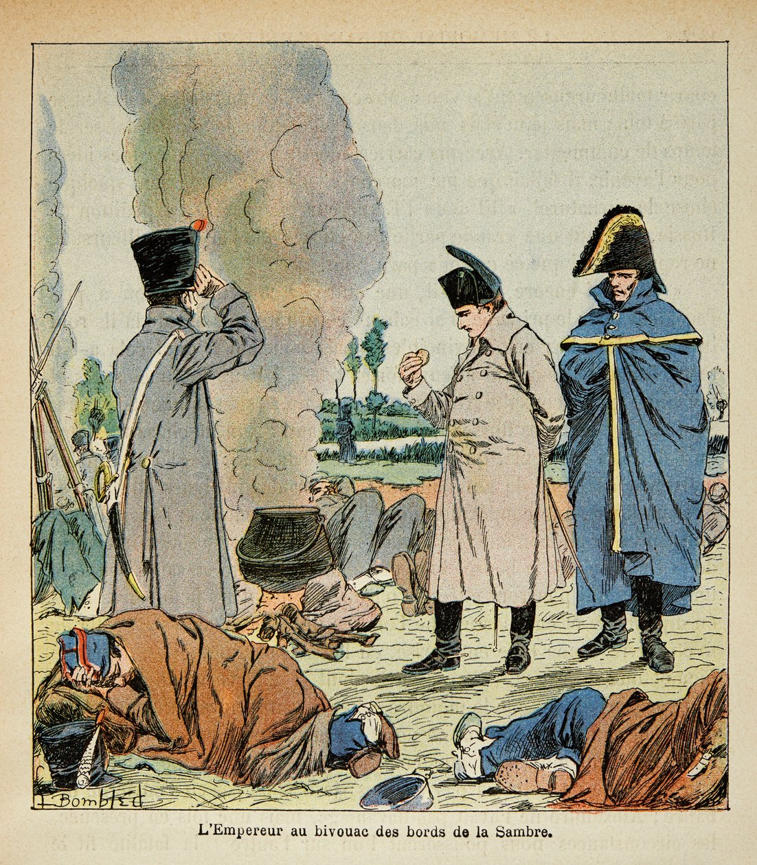 由Bombled Louis（1862-1927）绘制的插图，出自Emmanuel de Las Cases伯爵（1766-1842）的《圣赫勒拿纪念》一书。拿破仑在露营时吃士兵的面包，私人收藏 作者 路易斯·查尔斯·邦布尔