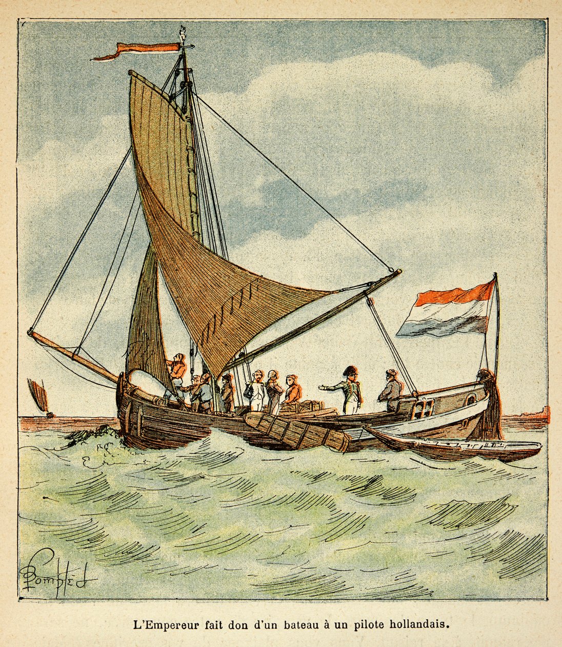 由Bombled Louis（1862-1927）绘制的插图，出自Emmanuel de Las Cases伯爵（1766-1842）的《圣赫勒拿纪念》一书。拿破仑在访问荷兰期间向一名荷兰飞行员捐赠了一艘船 作者 路易斯·查尔斯·邦布尔