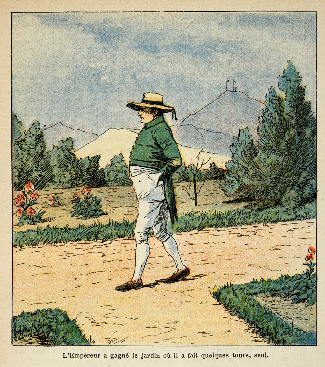 由Bombled Louis（1862-1927）绘制的插图，出自Emmanuel de Las Cases伯爵（1766-1842）的《圣赫勒拿纪念》一书。1816年9月，拿破仑皇帝在圣赫勒拿的花园里散步，私人收藏。 作者 路易斯·查尔斯·邦布尔