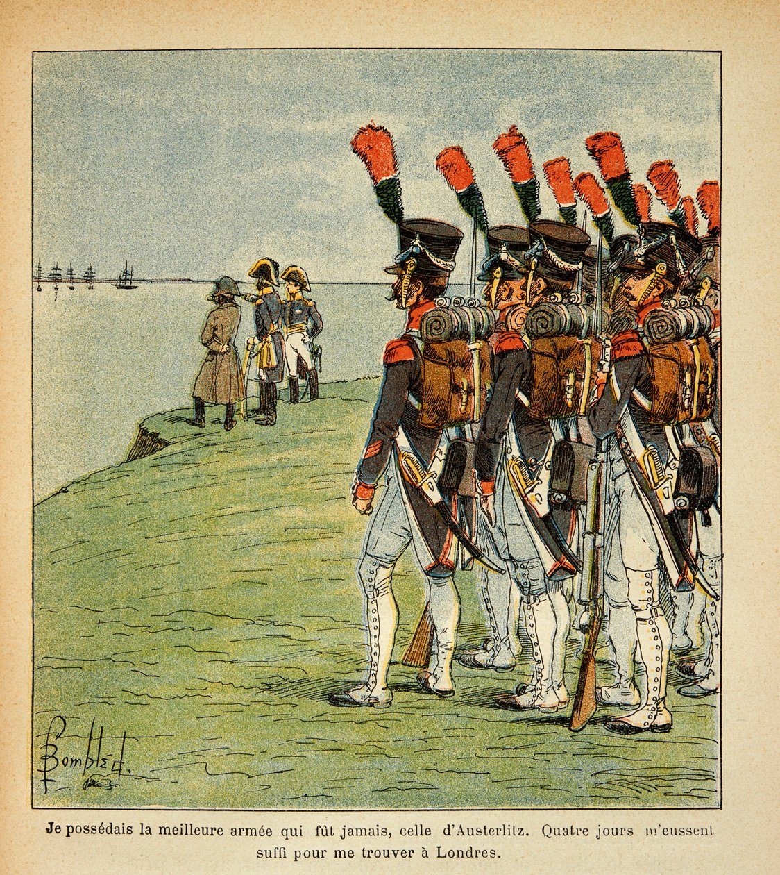 由Bombled Louis（1862-1927）创作的插图，出自Emmanuel de Las Cases伯爵（1766-1842）的《圣赫勒拿的纪念》一书。布洛涅的大军团，拿破仑皇帝在考虑他要入侵的英国，私人收藏。 作者 路易斯·查尔斯·邦布尔