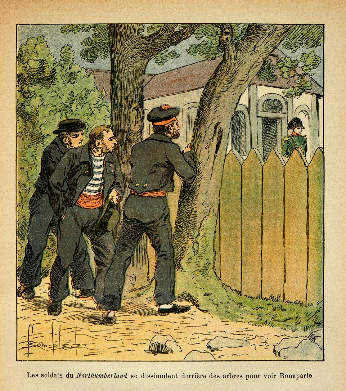 Bombled Louis（1862-1927）的插图，出自Emmanuel de Las Cases伯爵（1766-1842）的《圣赫勒拿纪念》一书。在圣赫勒拿，诺森伯兰的水手们躲起来见拿破仑皇帝，私人收藏 作者 路易斯·查尔斯·邦布尔