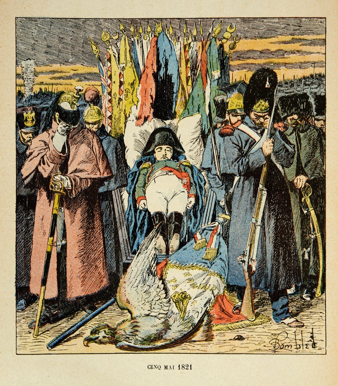 Bombled Louis（1862-1927）的插图，出自Emmanuel de Las Cases伯爵（1766-1842）的《圣赫勒拿的纪念》一书。寓言，军队在皇帝死后向他表示敬意，私人收藏 作者 路易斯·查尔斯·邦布尔