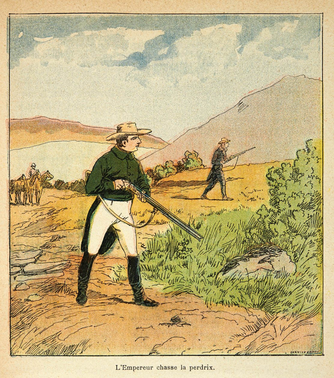 由Bombled Louis（1862-1927）绘制的插图，出自Emmanuel de Las Cases伯爵（1766-1842）的《圣赫勒拿纪念》一书。1816年8月，拿破仑与拉斯-库斯在圣赫勒拿打猎，私人收藏。 作者 路易斯·查尔斯·邦布尔