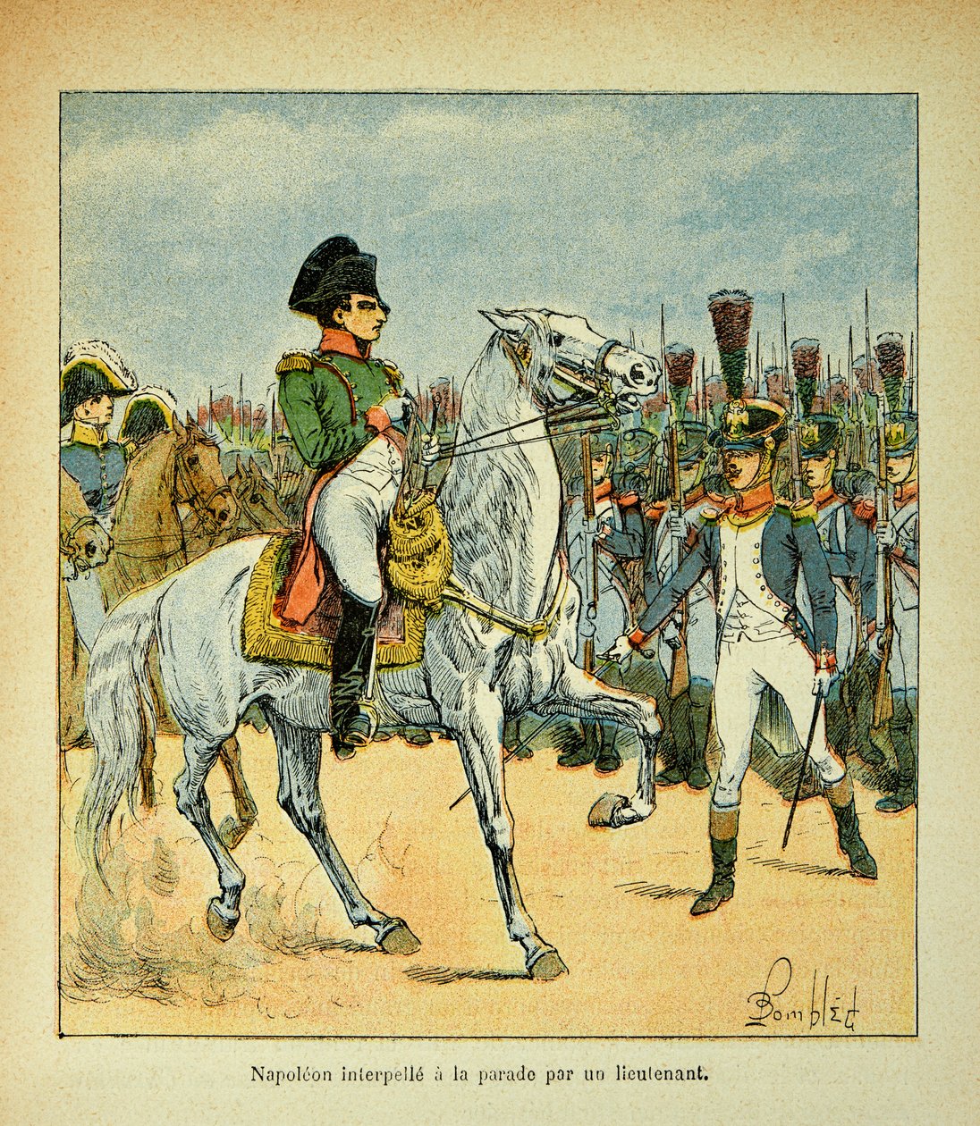 由Bombled Louis（1862-1927）绘制的插图，出自Emmanuel de Las Cases伯爵（1766-1842）的《圣赫勒拿纪念》一书。拿破仑召集一个中尉进行阅兵，私人收藏 作者 路易斯·查尔斯·邦布尔