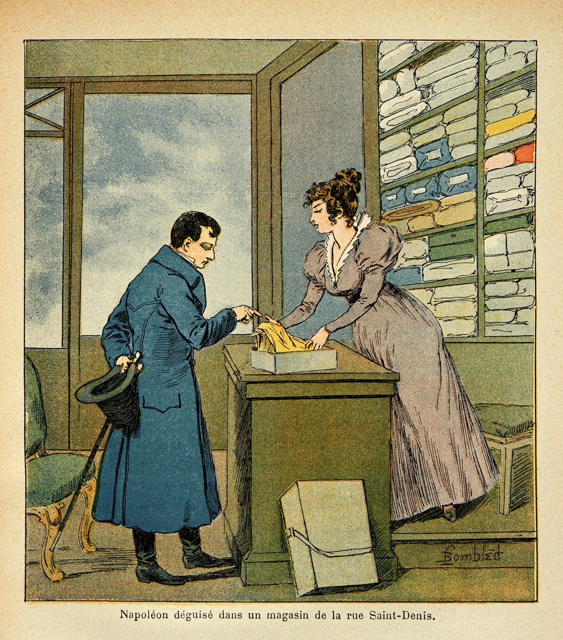 由Bombled Louis（1862-1927）创作的插图，出自Emmanuel de Las Cases伯爵（1766-1842）的《圣赫勒拿的纪念》一书。拿破仑皇帝在圣丹尼斯街的一家商店里乔装打扮，私人收藏 作者 路易斯·查尔斯·邦布尔