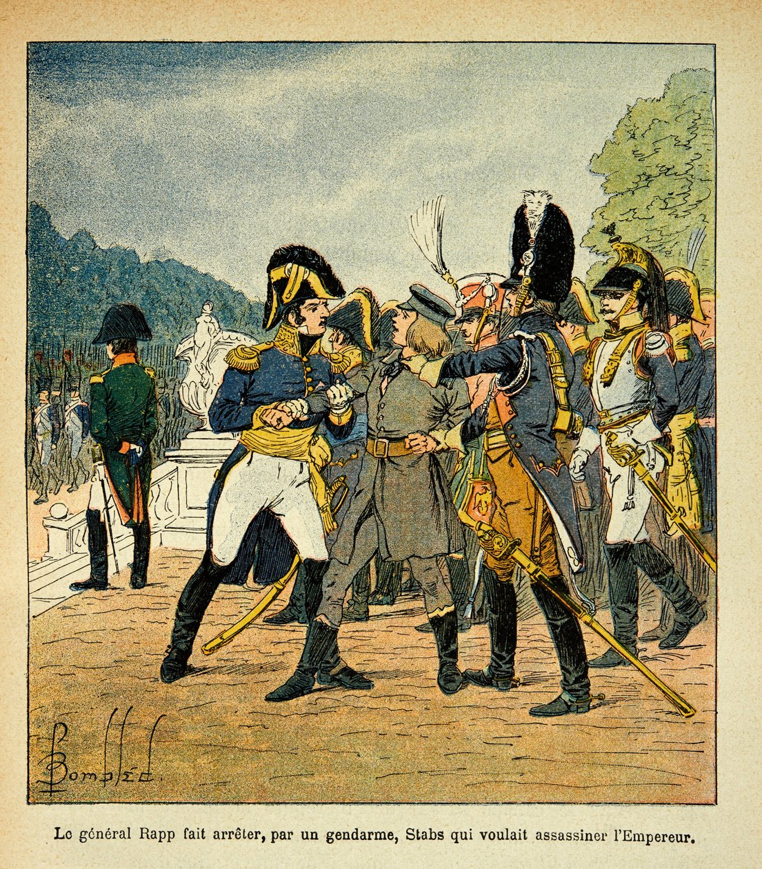 Bombled Louis（1862-1927）的插图，出自Emmanuel de Las Cases伯爵（1766-1842）的《圣赫勒拿的纪念》一书。拉普将军由宪兵逮捕想谋杀拿破仑皇帝的年轻的斯塔布斯，收藏部分 作者 路易斯·查尔斯·邦布尔