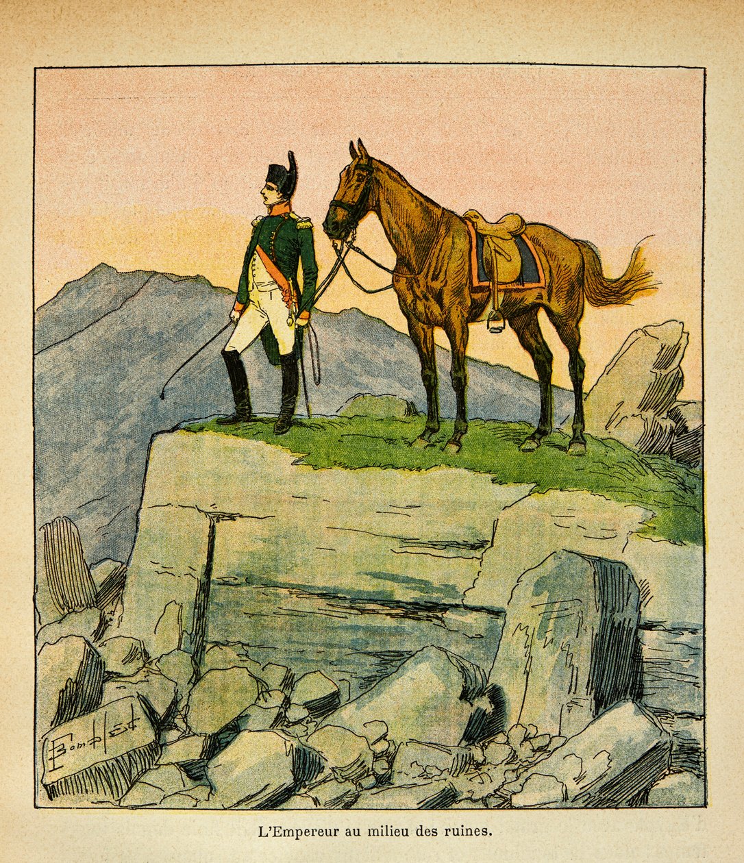 Bombled Louis（1862-1927）的插图，出自Emmanuel de Las Cases伯爵（1766-1842）的《圣赫勒拿纪念》一书。在废墟中的拿破仑皇帝，私人收藏 作者 路易斯·查尔斯·邦布尔