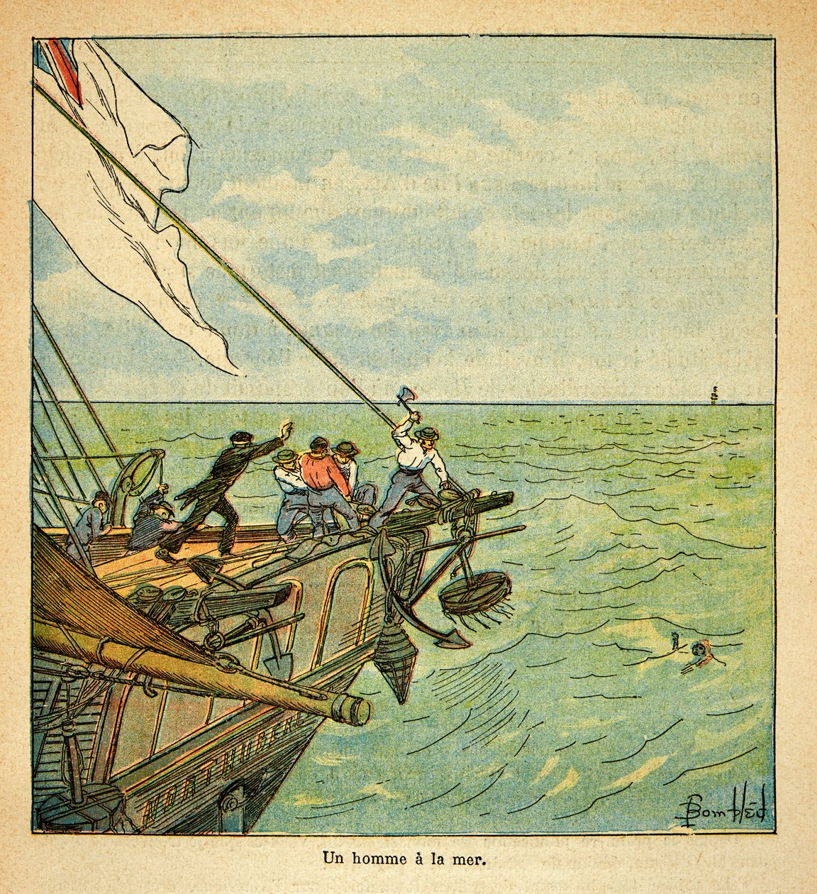 由Bombled Louis（1862-1927）创作的插图，出自Emmanuel de Las Cases伯爵（1766-1842）的《圣赫勒拿纪念》一书。拿破仑皇帝在前往圣赫勒拿的途中，一名男子溺水身亡，私人收藏。 作者 路易斯·查尔斯·邦布尔