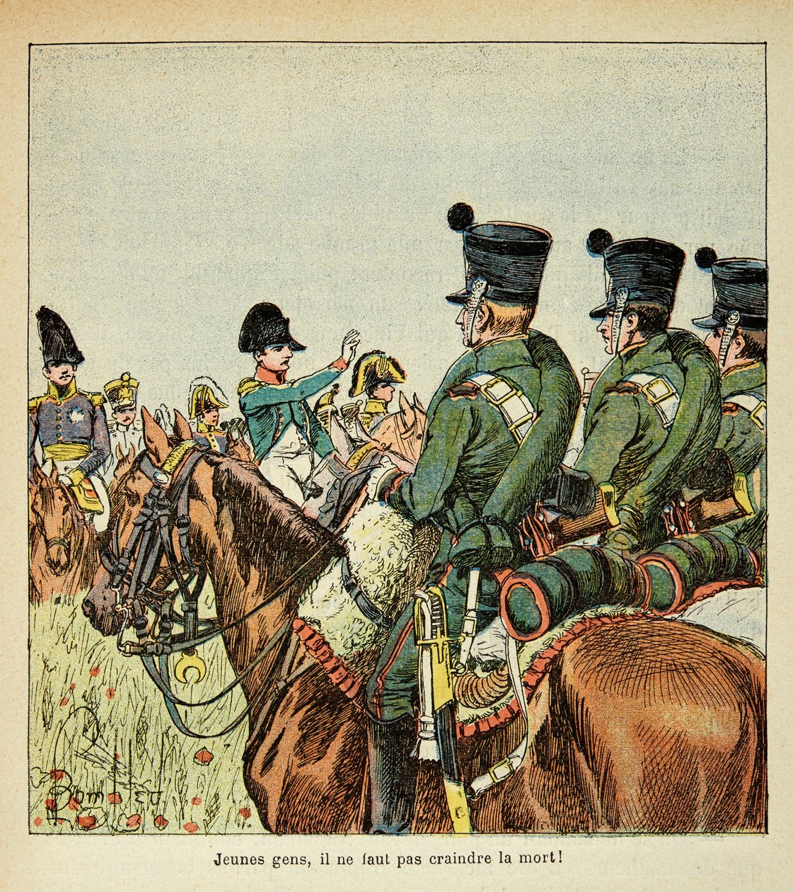 由Bombled Louis（1862-1927）绘制的插图，出自Emmanuel de Las Cases伯爵（1766-1842）的《圣赫勒拿纪念》一书。拿破仑对军队的演讲，私人收藏 作者 路易斯·查尔斯·邦布尔