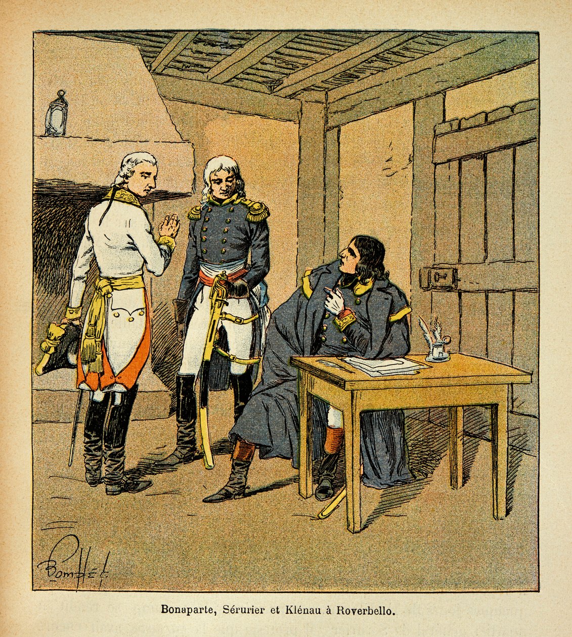 Bombled Louis（1862-1927）的插图，出自Emmanuel de Las Cases伯爵（1766-1842）的《圣赫勒拿的纪念》一书。波拿巴、让-马蒂厄-菲利贝尔-塞鲁里耶（1742-1819）和约翰-冯-克勒诺（1758-1819）在意大利战争期间在罗韦贝洛。 作者 路易斯·查尔斯·邦布尔
