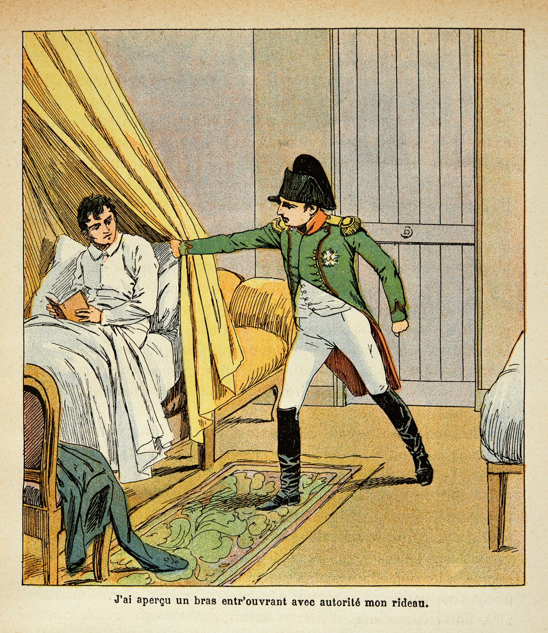 由Bombled Louis（1862-1927）创作的插图，出自Emmanuel de Las Cases伯爵（1766-1842）的《圣赫勒拿的纪念》一书。拿破仑在圣赫勒拿的床上唤醒了拉斯-库斯，私人收藏品 作者 路易斯·查尔斯·邦布尔
