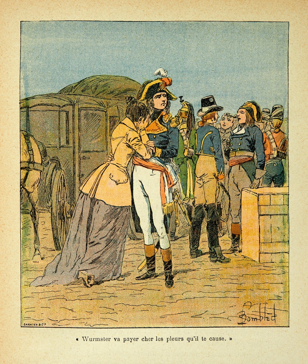 Bombled Louis（1862-1927）的插图，出自Emmanuel de Las Cases伯爵（1766-1842）的《圣赫勒拿的纪念》一书。波拿巴在意大利战役中的汽车遭到袭击后安慰约瑟芬，私人收藏。 作者 路易斯·查尔斯·邦布尔