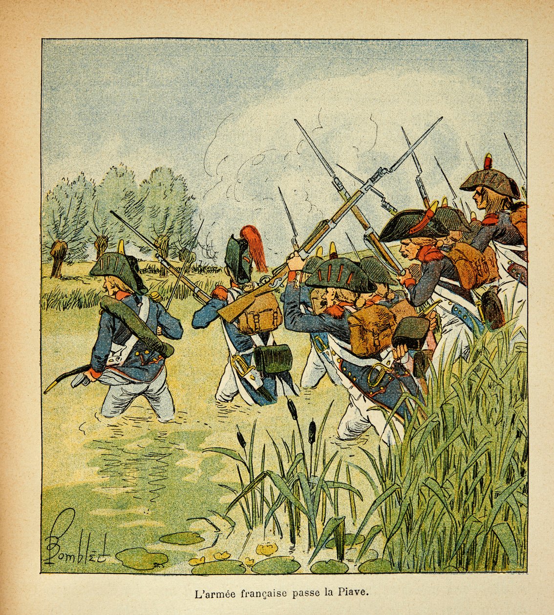 由Bombled Louis（1862-1927）创作的插图，出自Emmanuel de Las Cases伯爵（1766-1842）的《圣赫勒拿的纪念》一书。法国军队在意大利战役中通过皮亚韦河，私人收藏 作者 路易斯·查尔斯·邦布尔