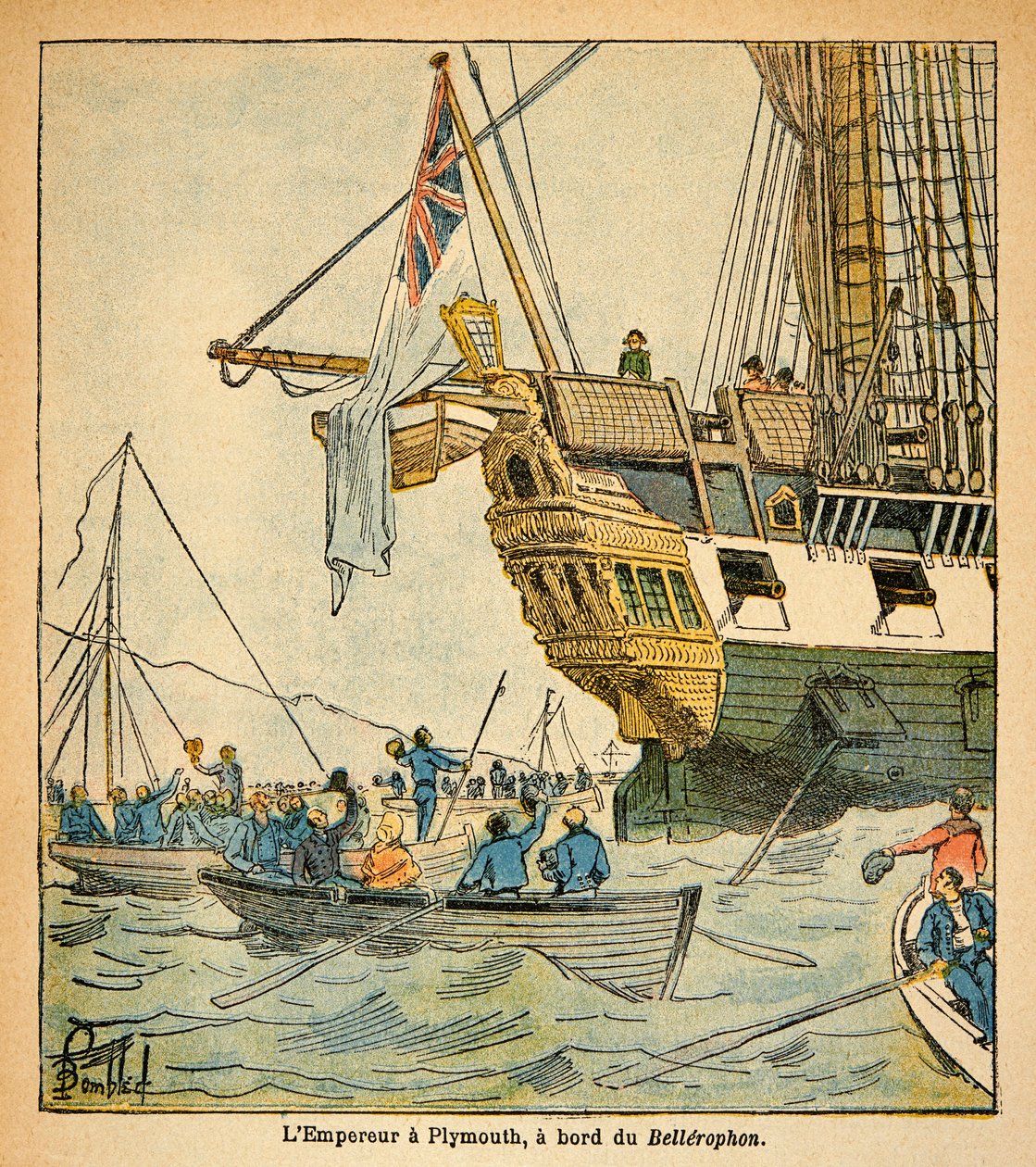 由Bombled Louis（1862-1927）绘制的插图，出自Emmanuel de Las Cases伯爵（1766-1842）的《圣赫勒拿纪念》一书。拿破仑皇帝乘坐贝勒霍恩号于1815年抵达普利茅斯，私人收藏。 作者 路易斯·查尔斯·邦布尔