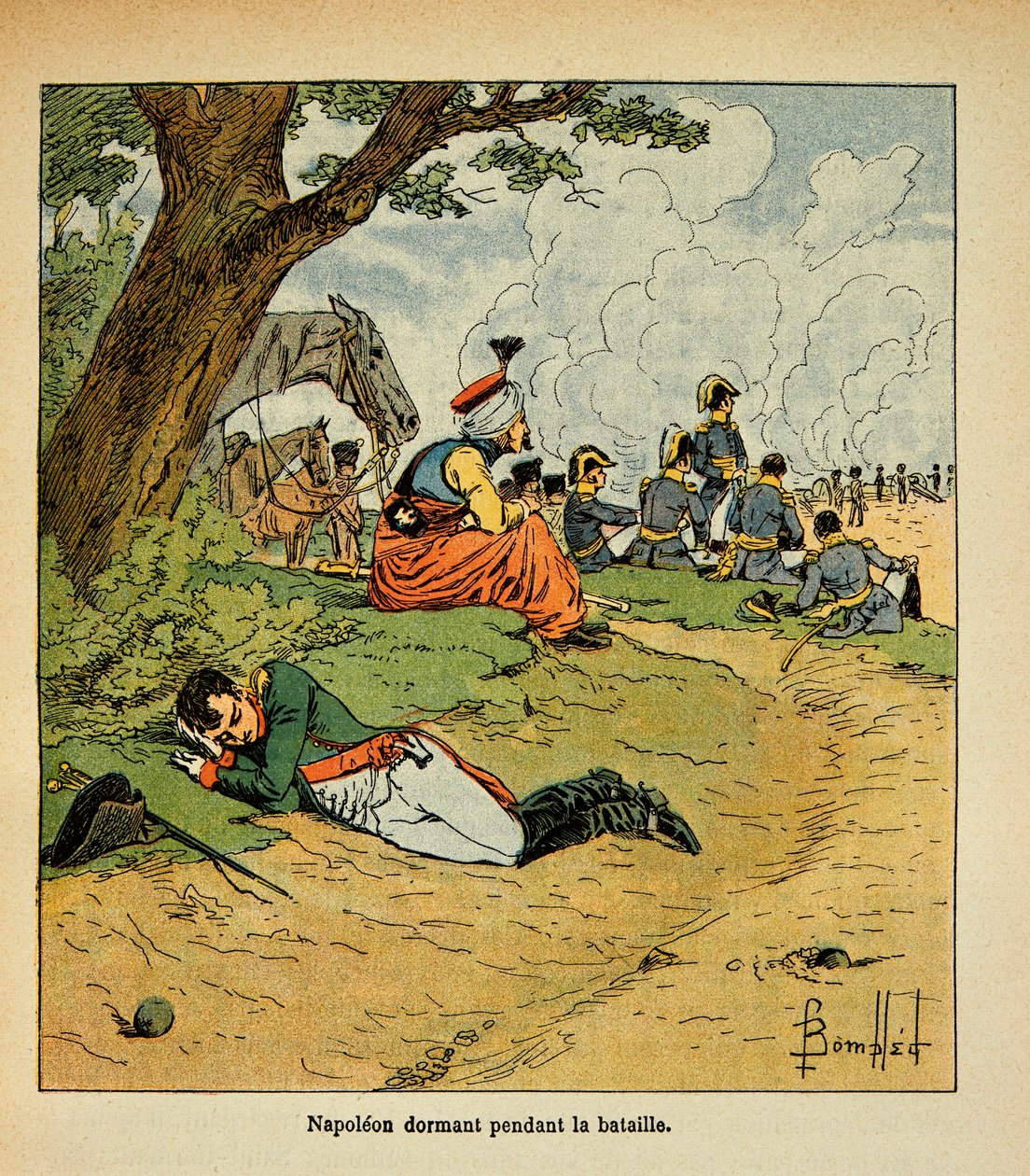 Bombled Louis（1862-1927）的插图，出自Emmanuel de Las Cases伯爵（1766-1842）的《圣赫勒拿纪念》一书。拿破仑皇帝在战斗中睡觉，私人收藏 作者 路易斯·查尔斯·邦布尔