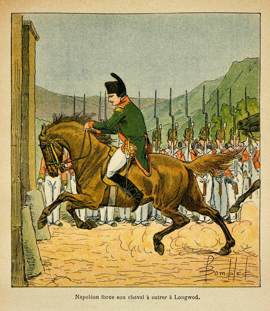 由Bombled Louis（1862-1927）绘制的插图，出自Emmanuel de Las Cases伯爵（1766-1842）的《圣赫勒拿纪念》一书。拿破仑皇帝迫使他的马进入圣赫勒拿的龙湖，私人收藏品 作者 路易斯·查尔斯·邦布尔