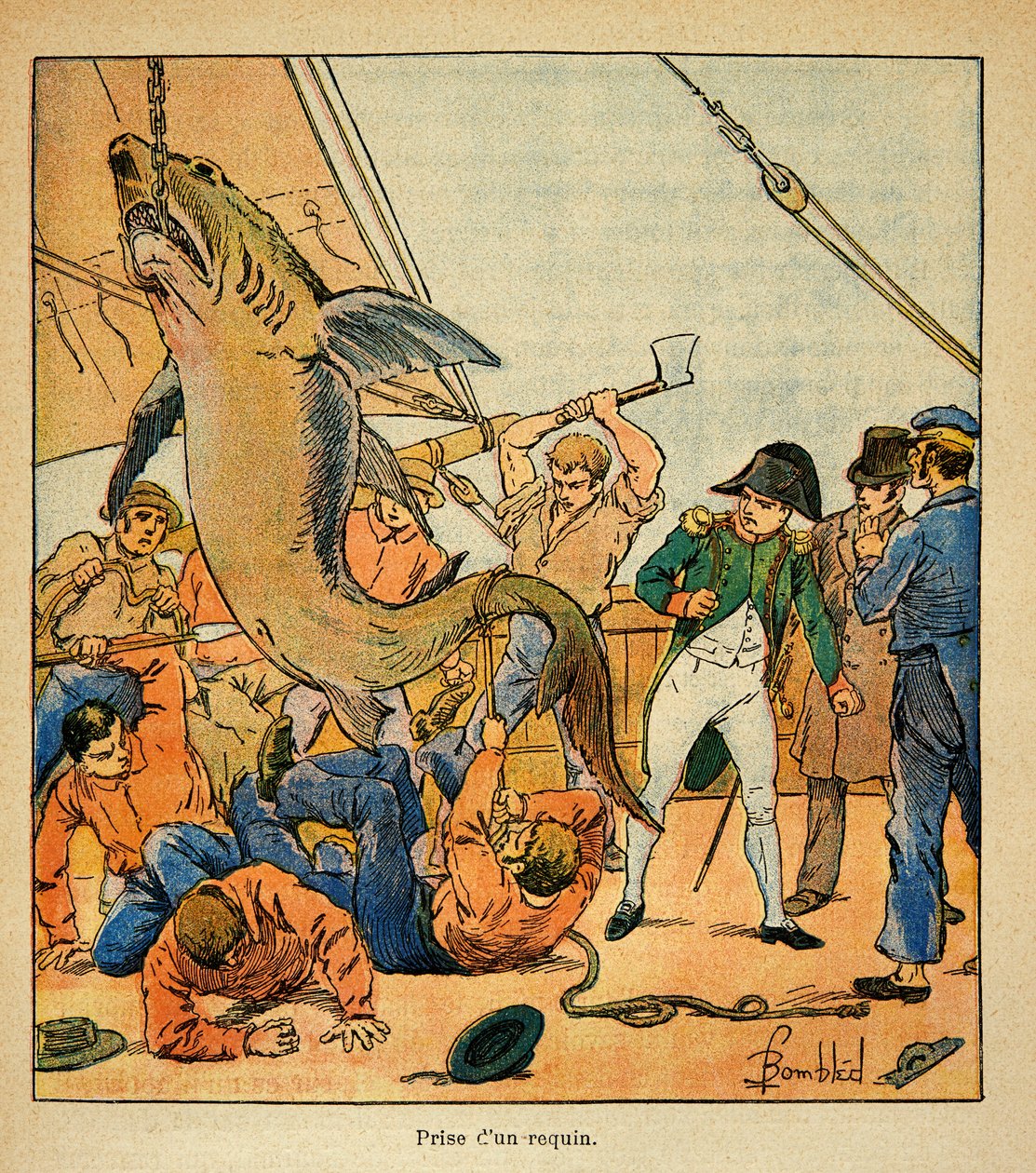 由Bombled Louis（1862-1927）绘制的插图，出自Emmanuel de Las Cases伯爵（1766-1842）的《圣海伦纪念》一书。拿破仑皇帝出席在诺森伯兰号上捕获鲨鱼的活动，私人收藏。 作者 路易斯·查尔斯·邦布尔