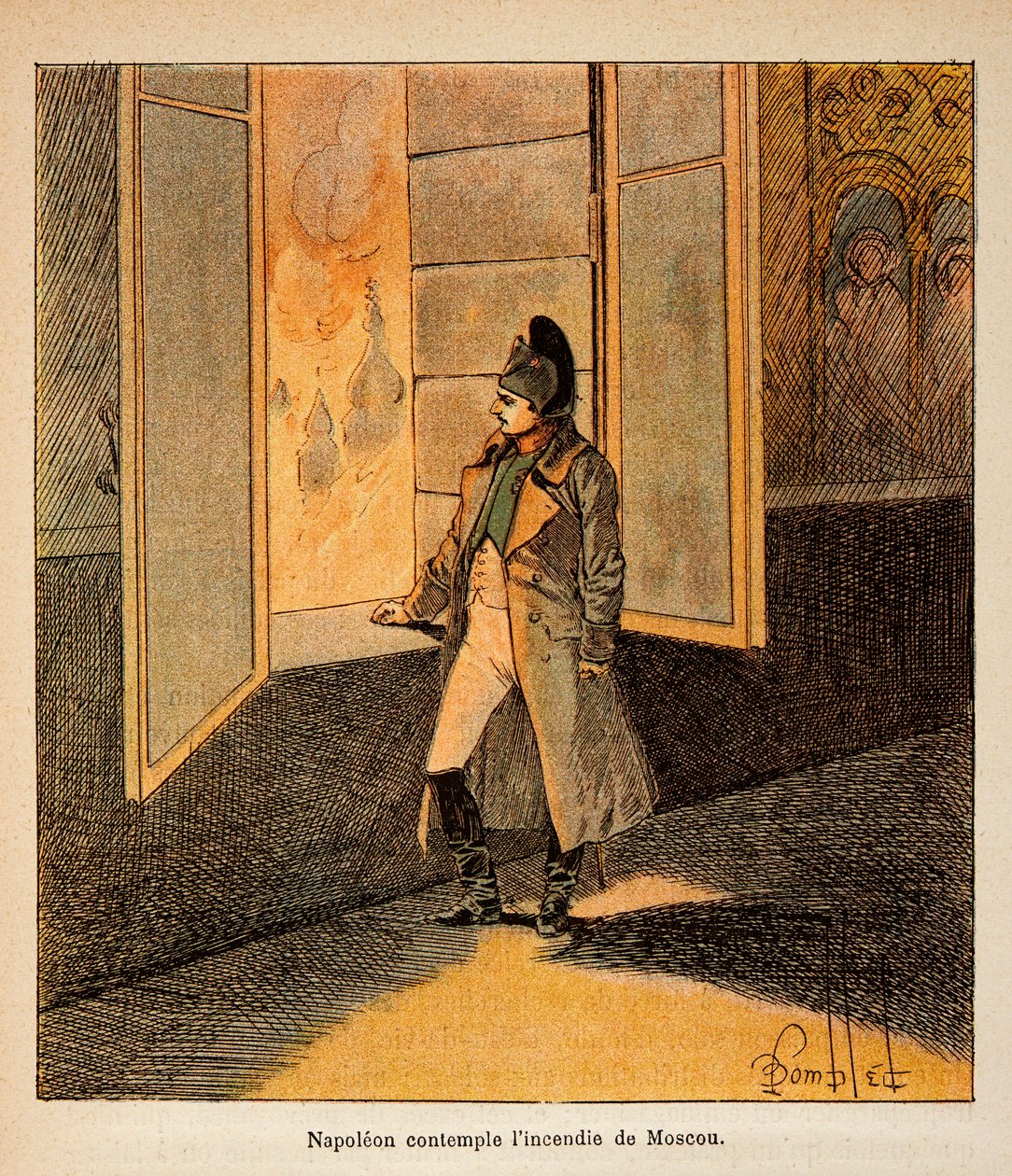 由Bombled Louis（1862-1927）绘制的插图，出自Emmanuel de Las Cases伯爵（1766-1842）的《圣海伦纪念》一书。1812年9月，拿破仑皇帝在莫斯科的大火中沉思，私人收藏。 作者 路易斯·查尔斯·邦布尔