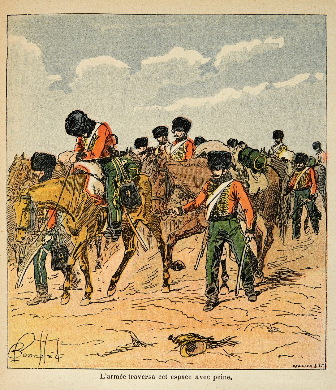 Bombled Louis（1862-1927）的插图，出自Emmanuel de Las Cases伯爵（1766-1842）的《圣赫勒拿的纪念》一书。帝国军队艰难地穿越莫斯科前的俄罗斯平原，私人收藏。 作者 路易斯·查尔斯·邦布尔