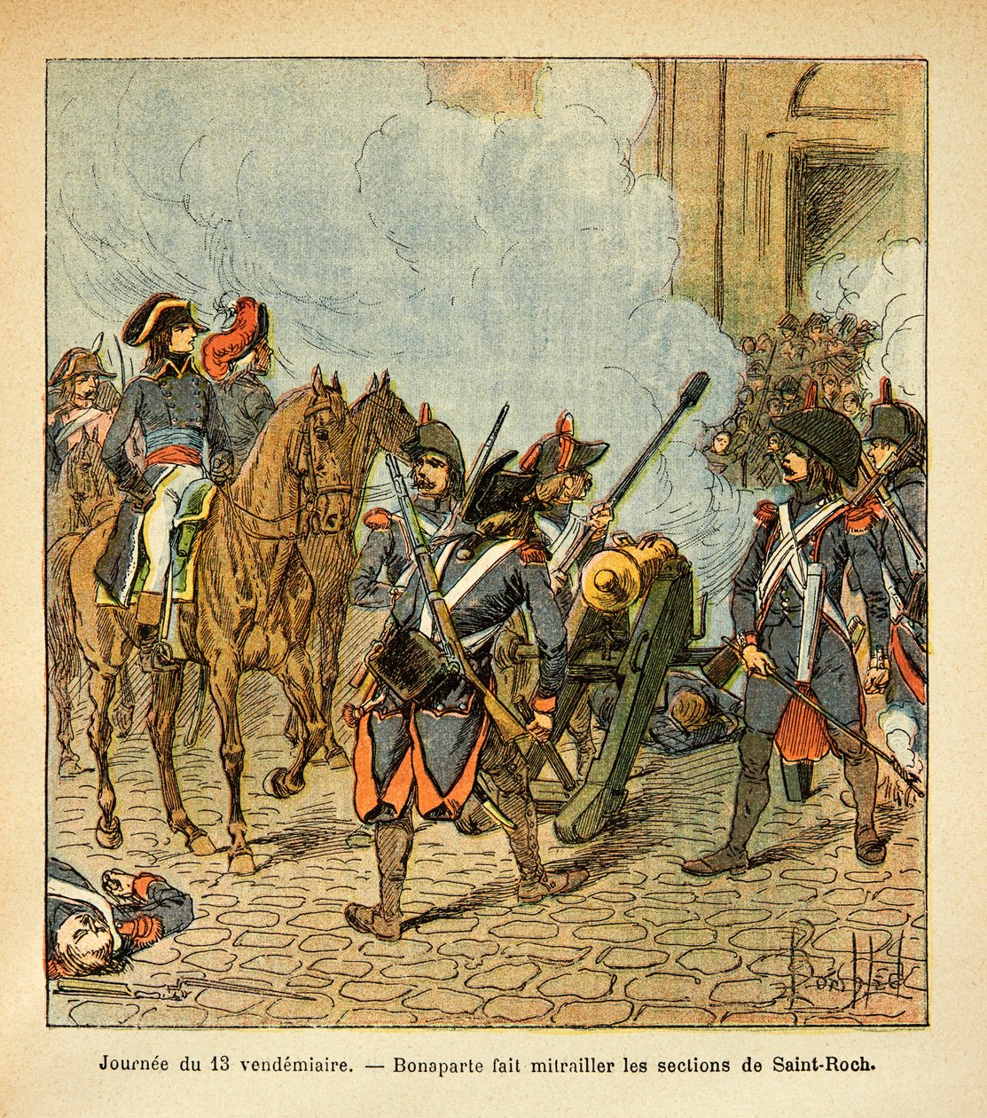 由Bombled Louis（1862-1927）创作的插图，出自Emmanuel de Las Cases伯爵（1766-1842）的《圣海伦纪念碑》一书。星期五的第13天，波拿巴让圣罗克的部分用大炮射击，私人收藏品 作者 路易斯·查尔斯·邦布尔