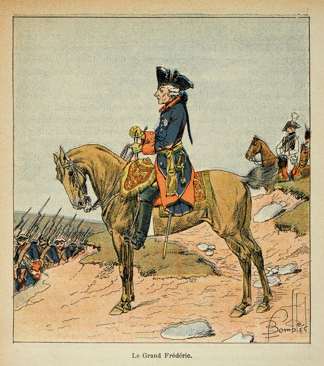 路易斯的插图（1862-1927），摘自埃马纽埃尔-德-拉斯-库斯伯爵（1766-1842）的《圣海伦纪念》一书。普鲁士的弗雷德里克二世（1712-1786）的马术肖像，私人收藏。 作者 路易斯·查尔斯·邦布尔