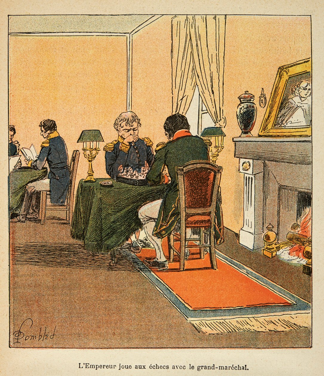 拿破仑（1862-1927）的插图，出自埃马纽埃尔-德拉斯-库斯伯爵（1766-1842）的《圣赫勒拿纪念》一书。拿破仑和大元帅亨利-加蒂安-贝特朗（1773-1844）1816年8月在圣赫伦下棋，私人收藏 作者 路易斯·查尔斯·邦布尔