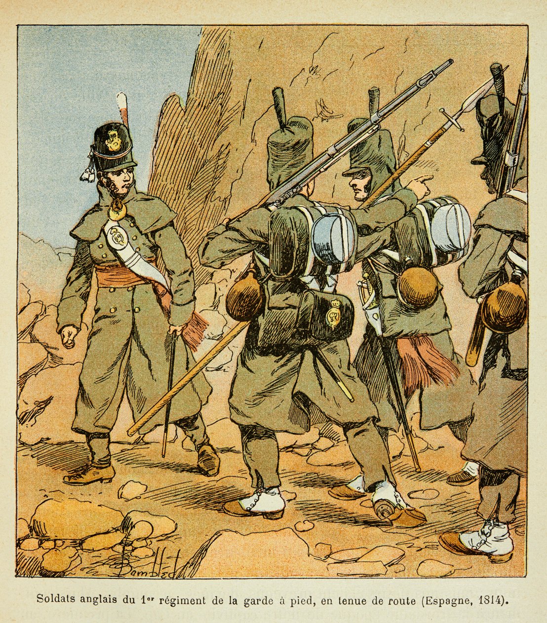 埃马纽埃尔-德-拉斯-库斯伯爵（1766-1842）所著的《圣赫勒拿纪念》一书中的路易邦德（1862-1927）插图。在路边的第一卫队的英国士兵（西班牙1814年），私人收藏品 作者 路易斯·查尔斯·邦布尔