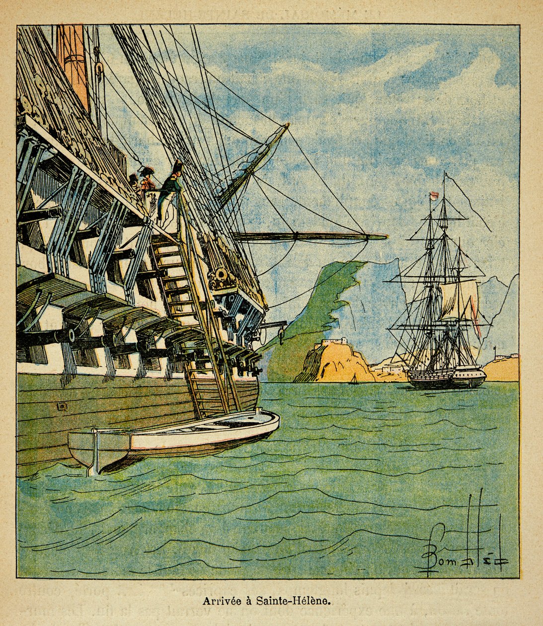 拿破仑（1862-1927）的插图，摘自埃马纽埃尔-德-拉斯-库斯伯爵（1766-1842）的《圣赫伦纪念》一书。10月15日，拿破仑抵达圣赫勒拿。 作者 路易斯·查尔斯·邦布尔