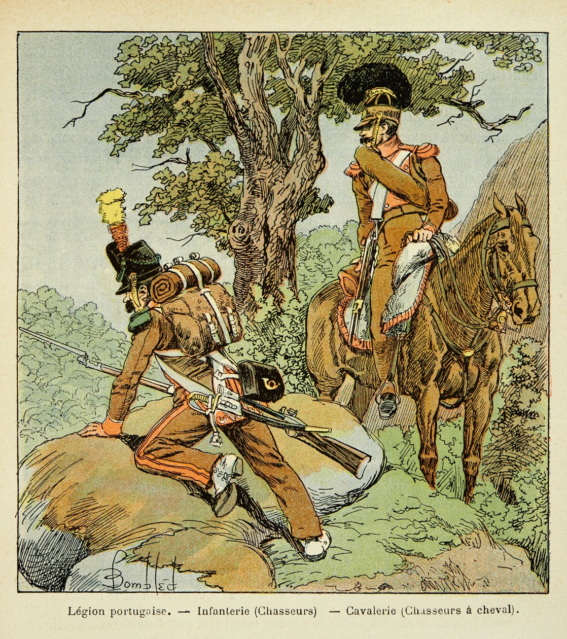 埃马纽埃尔-德拉斯-库斯伯爵（1766-1842）所著《圣赫勒拿纪念》一书中的路易炸弹（1862-1927）插图。葡萄牙军团。步兵（猎手）和骑兵（马背上的猎手），私人收藏 作者 路易斯·查尔斯·邦布尔