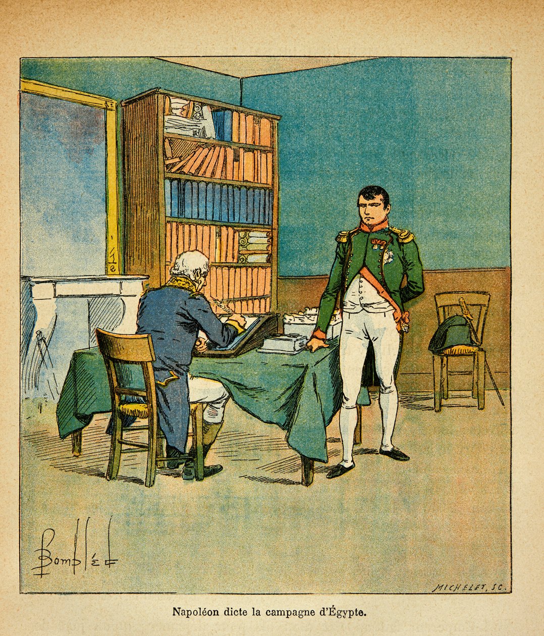 拿破仑（1862-1927）的插图，出自埃马纽埃尔-德-拉斯-库斯伯爵（1766-1842）的《圣赫勒拿纪念》一书。在流放期间，拿破仑皇帝在埃及政务厅向伟大的马雷切尔-亨利-加蒂安-贝特朗（1773-1844）口述他的纪念文告。 作者 路易斯·查尔斯·邦布尔
