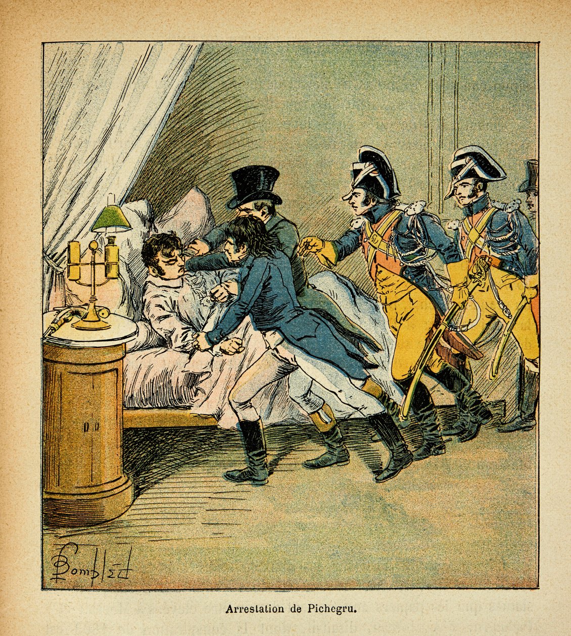 埃马纽埃尔-德-拉斯-库斯伯爵（1766-1842）所著的《圣赫勒拿纪念碑》一书中的路易邦德（1862-1927）插图。1804年2月28日逮捕让-查尔斯-皮切格鲁（1761-1804），私人收藏品 作者 路易斯·查尔斯·邦布尔