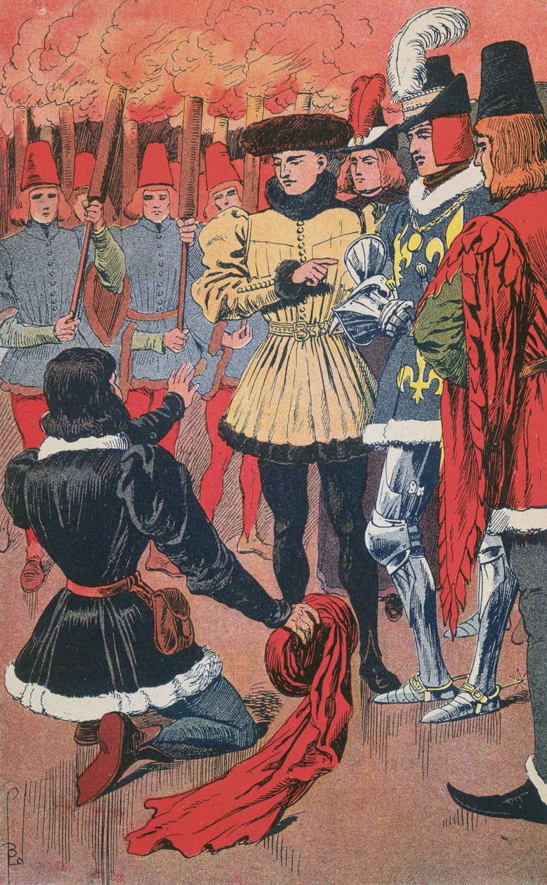 圣女贞德在希农认出了查理七世，摘自朱尔斯-米歇尔的《法国历史》，约1900年（彩色平印）。 作者 路易斯·查尔斯·邦布尔