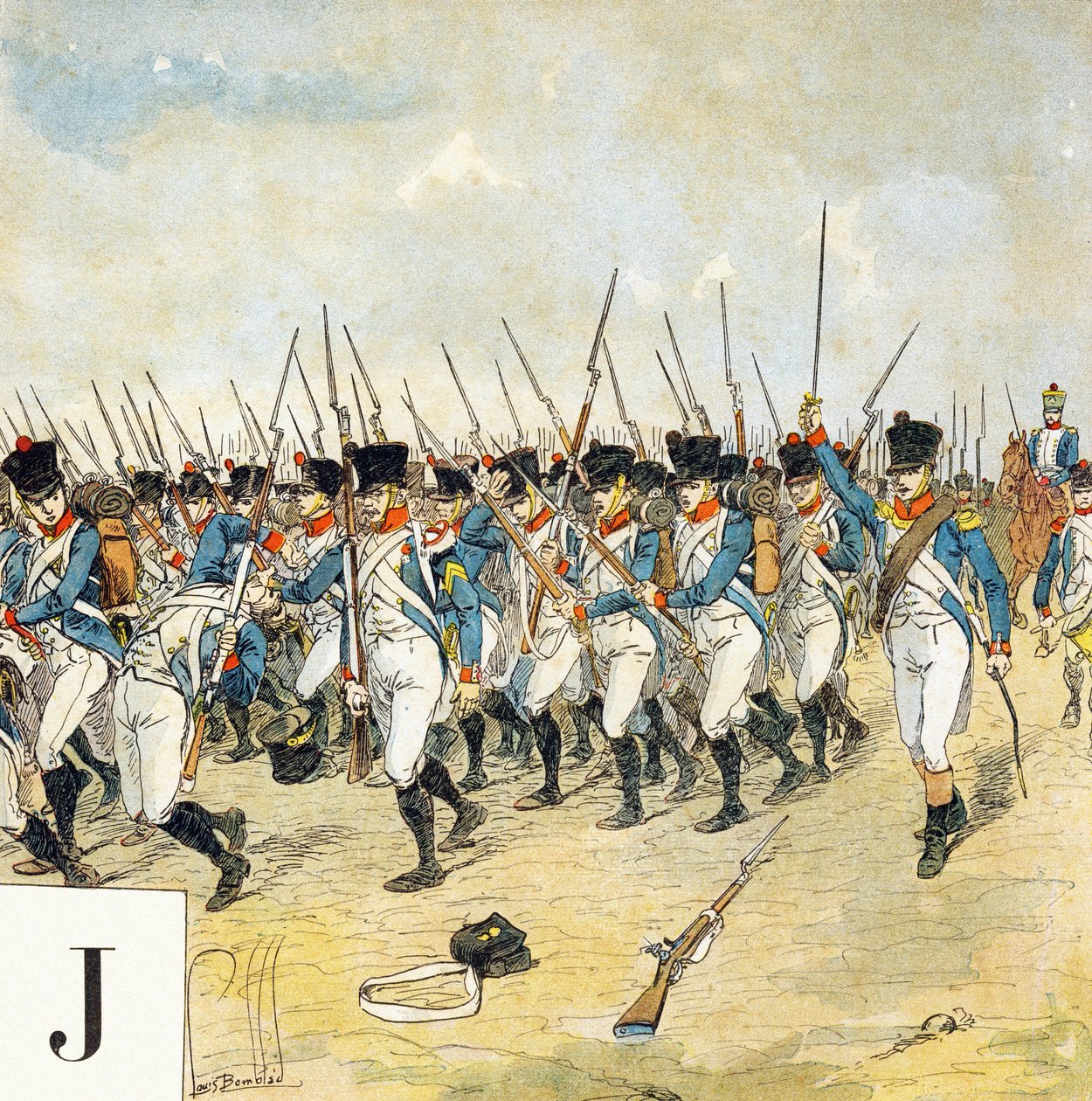 字母J：年轻的卫兵，"Je serai soldat"（我将成为一名士兵）--军事字母表 作者 路易斯·查尔斯·邦布尔