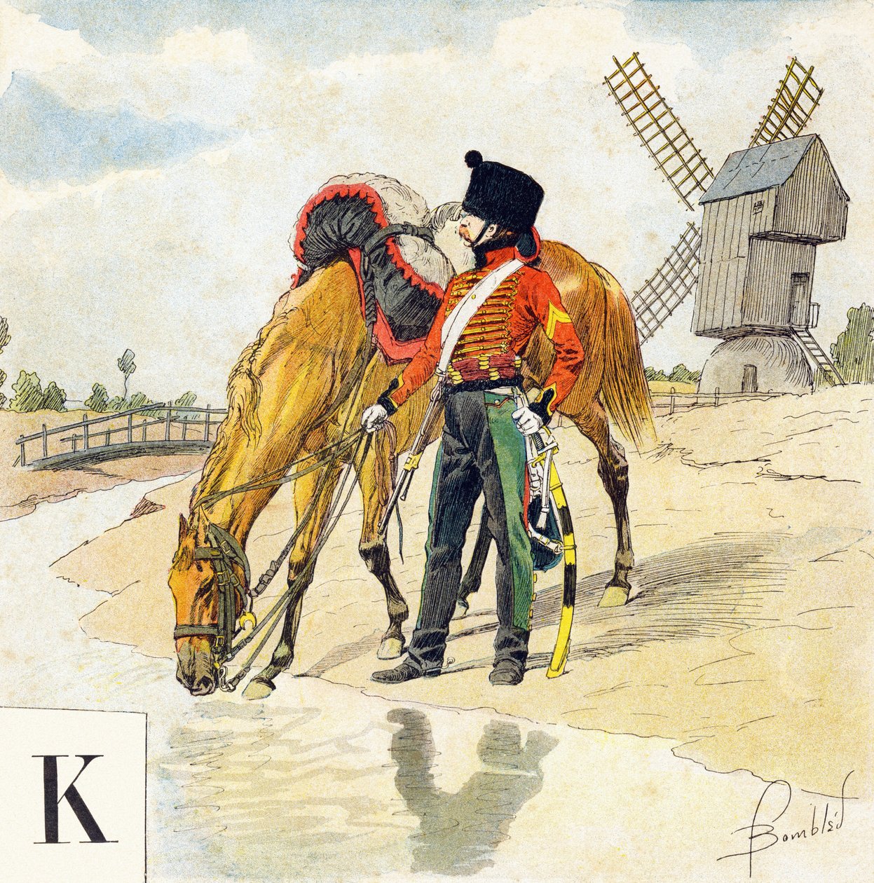 字母K：Kolbach（colback，colbaque），第一和第二帝国的法国骑兵的帽子，"Je serai soldat"（我将成为一名士兵）--军事字母表 作者 路易斯·查尔斯·邦布尔
