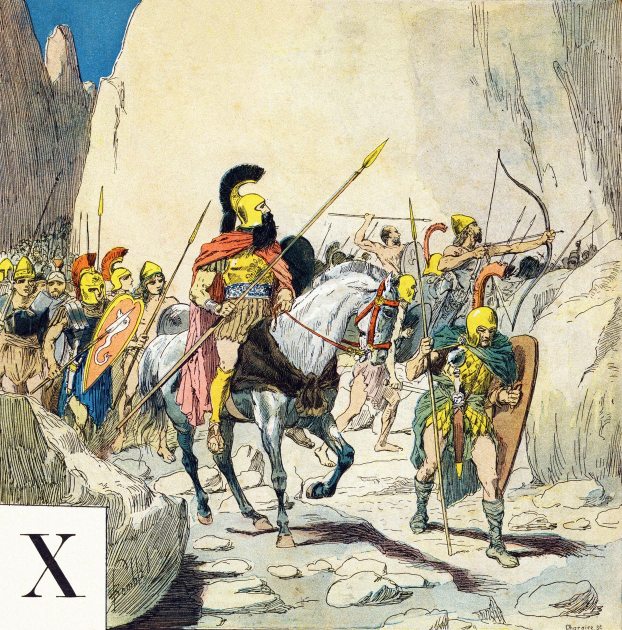 字母X：色诺芬（公元前430-355年），希腊军事领袖，和他的军队，"Je serai soldat"（我将成为一名士兵）--军事字母表 作者 路易斯·查尔斯·邦布尔