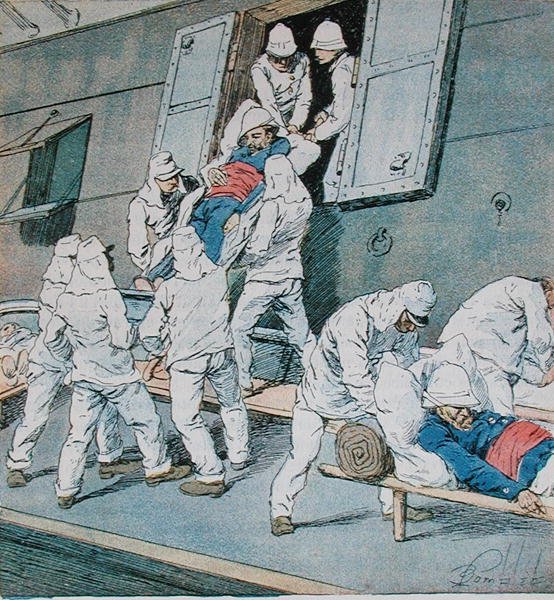 马达加斯加战役中患病的士兵在阿尔及尔从 "三叶草 "号上岸，约1897年（彩色平版印刷）。 作者 路易斯·查尔斯·邦布尔