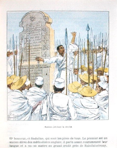 巫师在1895年法国占领马达加斯加后宣扬反法，插图来自D.H.Galli的《马达加斯加的战争》，19世纪末（彩色平印）。 作者 路易斯·查尔斯·邦布尔