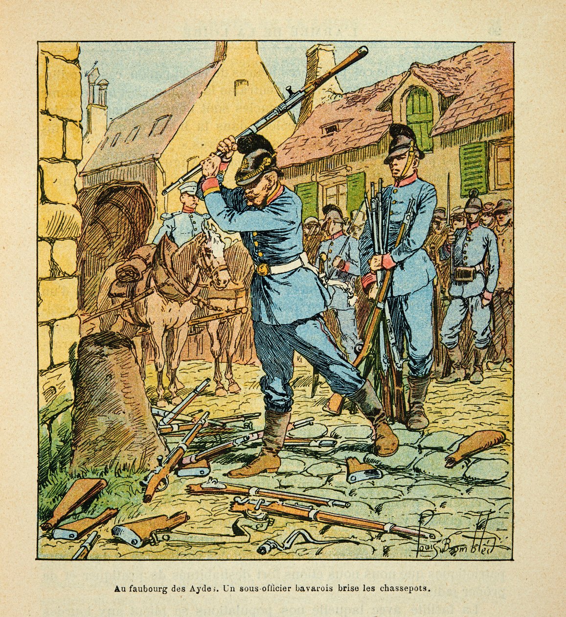 Eugene Sergent 的 The Armee de la Loire，被称为 Grenest，由 Louis Bombled (1862-1927) 插图（法德战争；1870-1871 年的战役）：1870 年 10 月攻占奥尔良市后，一名巴伐利亚副军官 打断了猎人。 （步枪离开 作者 路易斯·查尔斯·邦布尔
