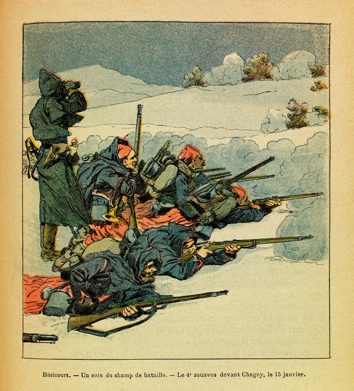 路易斯-邦布尔德（1862-1927）绘制的尤金-塞尔吉特（Eugene Sergeant, dit Grenest）的东部军团（法德战争；1870-1871年战役）：赫里库特，战场的一角；1月15日在夏吉之前的第4支苏维埃部队 作者 路易斯·查尔斯·邦布尔