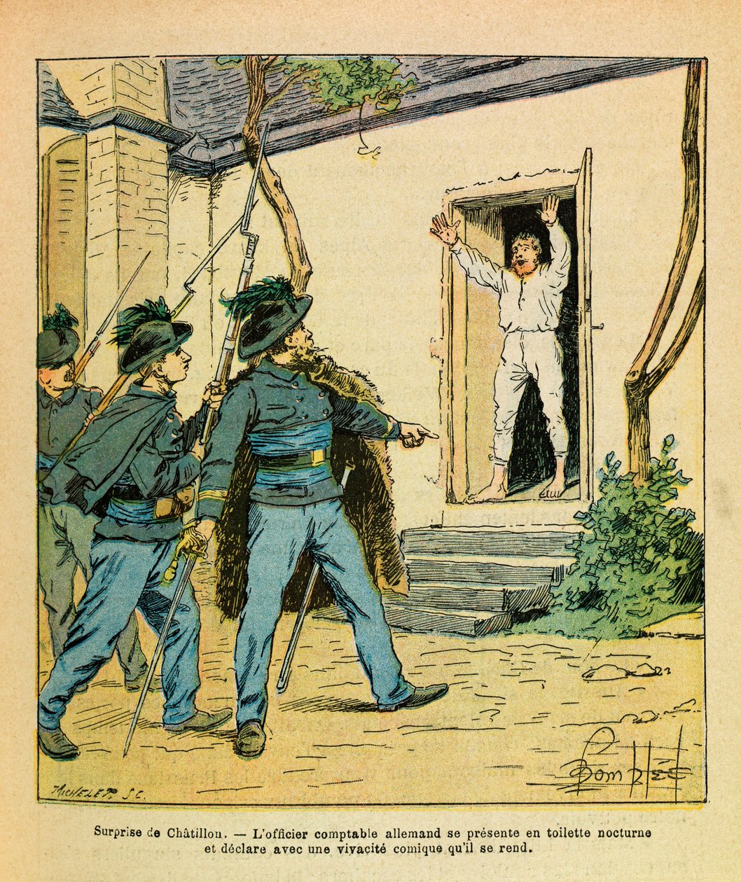 尤金-谢尔盖，dit Grenest的东方军团，由路易斯-邦布尔德（1862-1927）绘制（法德战争；1870-1871年的战役）。1870年11月，在塞纳河畔的夏蒂永（Chatillon），米哈德上尉在科特酒店（Hotel de la Cote d）抓获了德国会计官。 作者 路易斯·查尔斯·邦布尔