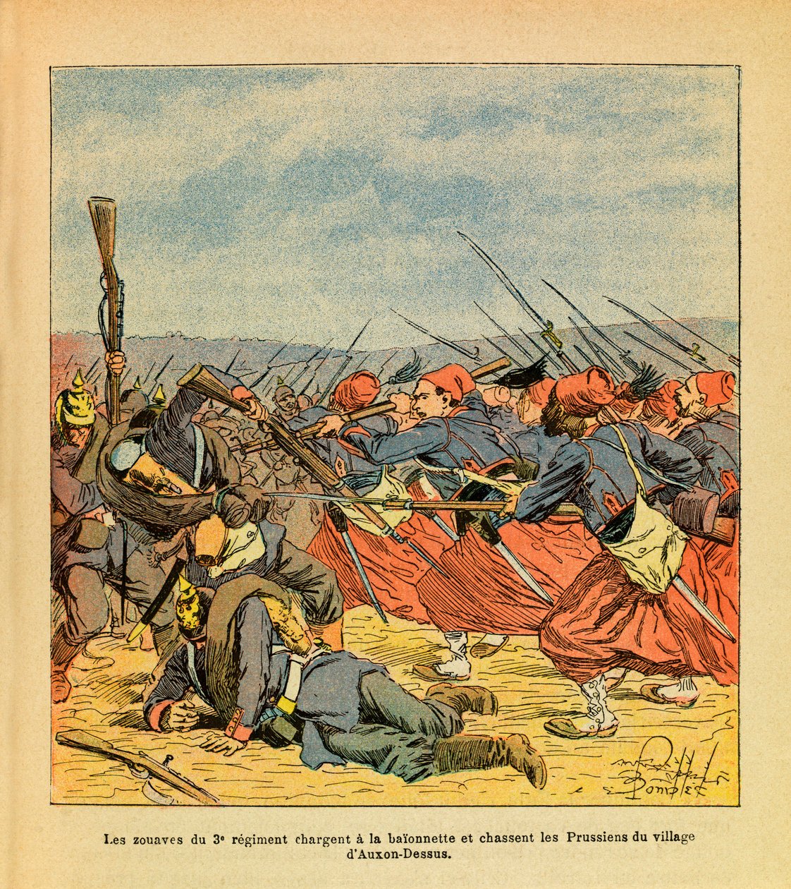 路易斯-邦布尔德（1862-1927年）绘制的尤金-谢尔盖（Eugene Sergeant, dit Grenest）的东部军团（法德战争；1870-1871年的战役）。第3团的祖瓦夫冲锋陷阵，将普鲁士人赶出了欧松-德苏斯村。 作者 路易斯·查尔斯·邦布尔