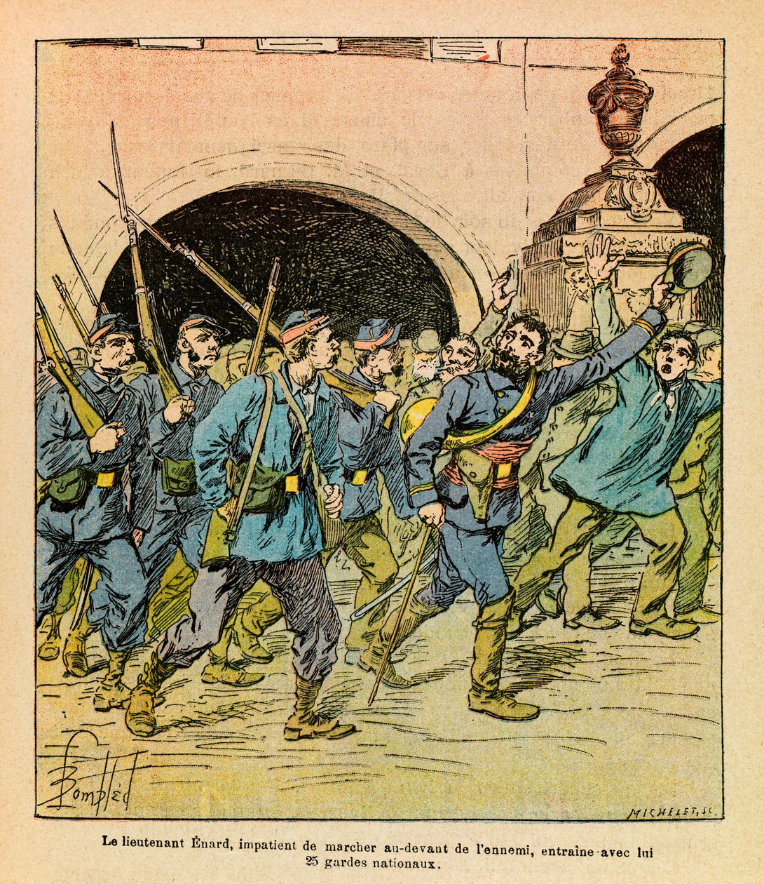Eugene Sergeant, dit Grenest的东部军团，由Louis Bombled（1862-1927）绘制（法德战争；1870-1871年战役）。1870年10月在埃皮纳尔（Epinal）的战斗中，埃纳中尉急切地走在敌人的前面，带领着他的国家队成员。 作者 路易斯·查尔斯·邦布尔