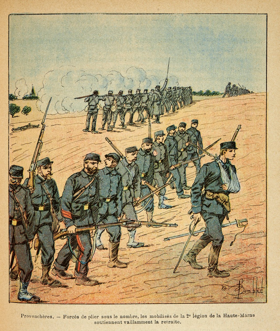 被称为Grenest的尤金-谢尔盖的东部军团，由路易斯-邦布尔德（1862-1927）绘制（法德战争；1870-1871年的战役）。在普罗文谢尔，上马恩省第二军团的暴徒们在敌人的围攻下被迫撤退。 作者 路易斯·查尔斯·邦布尔