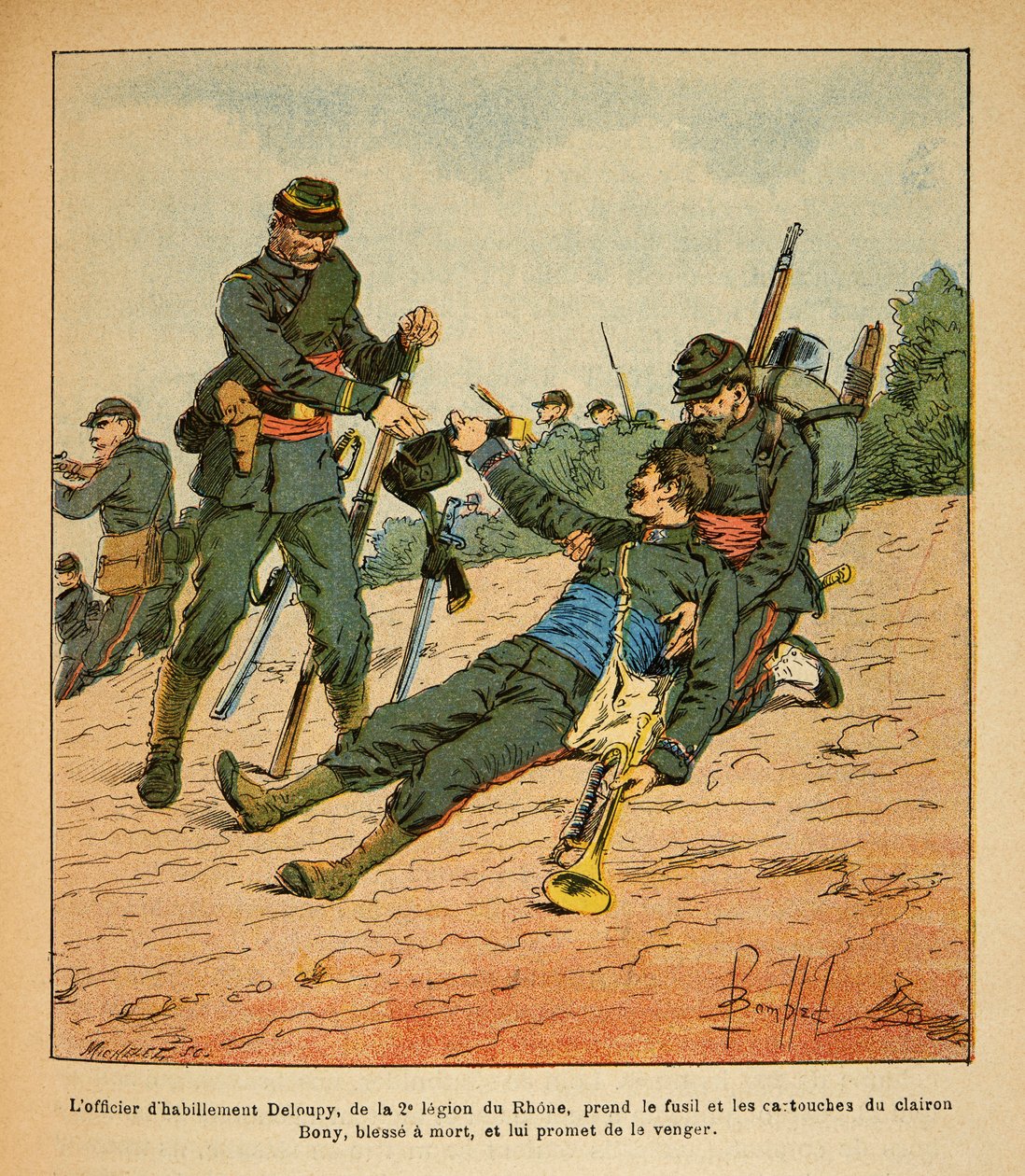 被称为Grenest的Eugene Sergeant的东部军团，由Louis Bombled（1862-1927）绘制（法德战争；1870 -1871年的战役）。努兹-圣乔治战役，罗纳河第二军团的服装官德鲁比拿着步枪和 作者 路易斯·查尔斯·邦布尔