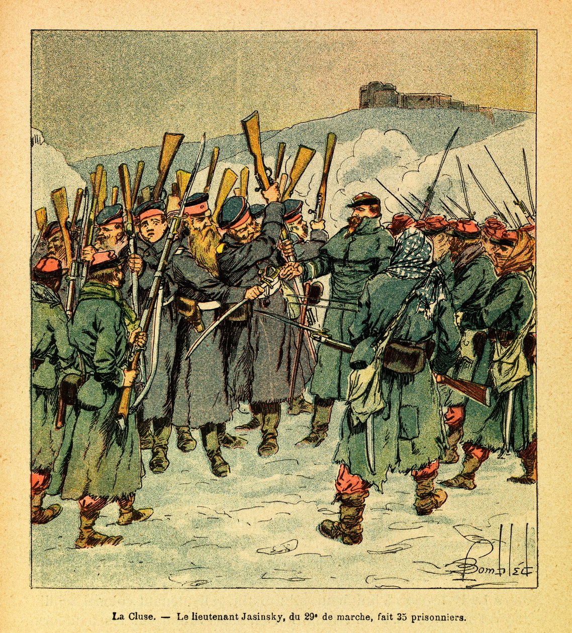 被称为Grenest的尤金-谢尔盖的东部军团，由路易斯-邦布尔德（1862-1927）绘制（法德战争；1870-1871年的战役）。1871年2月，在拉克鲁斯的最后一场战斗中，第29军的亚辛斯基中尉被俘虏了35人，士兵们也被俘虏。 作者 路易斯·查尔斯·邦布尔
